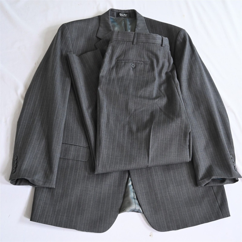 Andrew‎ Fezza 46L 38x30 Gray Stripe 100% Wool Mens Coat Jacket Pants Suit